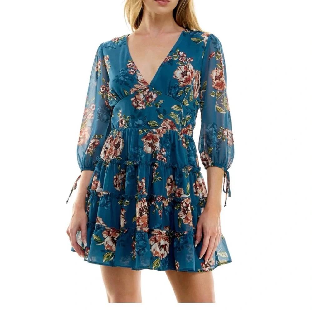 SPEECHLESS Teal Floral 3/4 Sleeve Dress XXL, Tiered Skirt V Neck Tie Waist